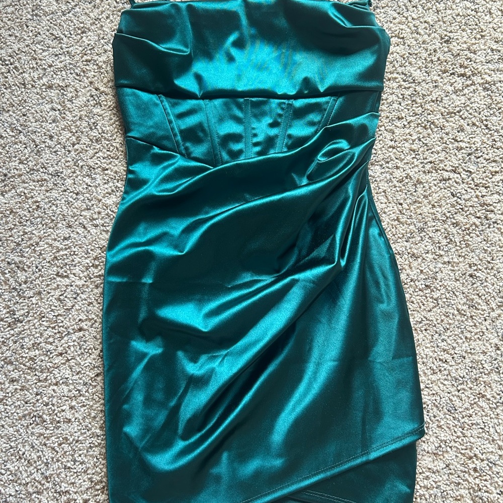 Lovely Day Strapless Satin Dress in Teal